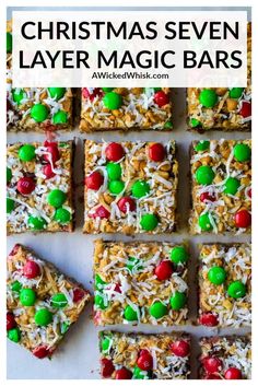 christmas seven layer magic bars with m & m candies on top and the title above it