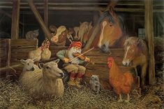 a painting of farm animals in a barn with a man playing the violin and chickens