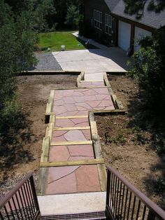 Hardscaping Ideas, Colorado Landscaping, Flagstone Steps, Flagstone Walkway, Types Of Mulch, Outdoor Walkway, Stone Steps, Landscaping Business, Wooden Deck