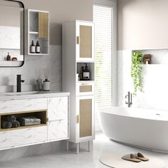 a bathroom with a bathtub, sink and mirror in it's center area