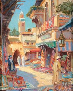 an oil painting of people walking through a market