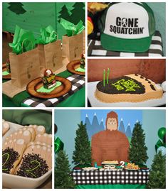 a collage of photos with cakes, hats and other items on display at a party