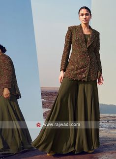 Mehndi Green Palazzo Suit With Fancy Jacket... Suit Design Simple, Simple Suit Designs, Suit Palazzo, Simple Suit