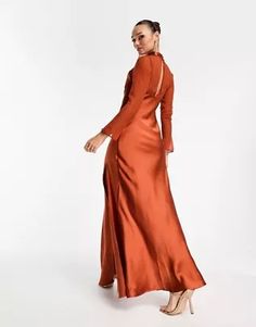 ASOS DESIGN satin cowl maxi dress with chiffon layer detail in rust | ASOS Elegant Brown Satin Maxi Dress, Fall Wedding Satin Maxi Dress, Brown Satin Maxi Dress For Evening, Formal Brown Satin Maxi Dress, Orange Satin Maxi Dress For Party, Elegant Orange Satin Maxi Dress, Chic Brown Satin Maxi Dress, Formal Long Sleeve Orange Maxi Dress, Brown Satin Maxi Length Dress