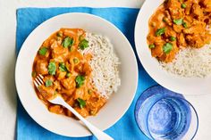 two plates of food with rice and chicken