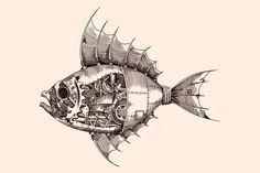 a black and white drawing of a fish with gears in it's mouth, on a beige background