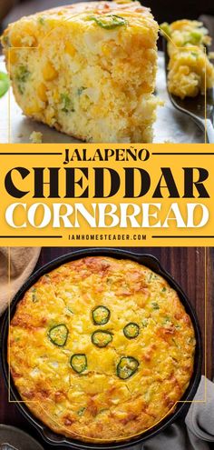 the recipe for jalapeno cheddar cornbread is shown in this collage