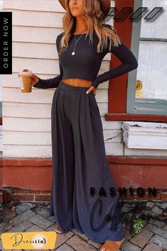 Solid Crop Wide Leg Pants Set Autumn Sewing, Wfh Outfits, Look Boho Chic, Mode Hippie, Cropped Wide Leg Pants, Mode Boho, Outfit Jeans, Women Set, Aruba