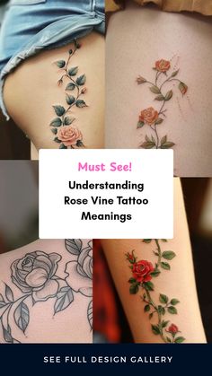 Explore the 53 meanings behind Roses Vine Tattoos. Images include a Rose vine tattoo elegantly showcased on the thigh, reflecting beauty and meaning which is prevalent among tattoo enthusiasts.