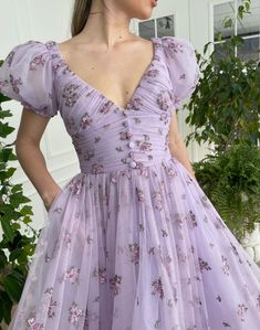 Lavender Dreams Dress | Teuta Matoshi Dream Dress Prom, Teuta Matoshi Dresses, Matoshi Dress, Lavender Floral Dress, Teuta Matoshi, Hoco Dresses Long Sleeve, Hoco Dresses Long, Cottage Core Dress, Dress Fairy