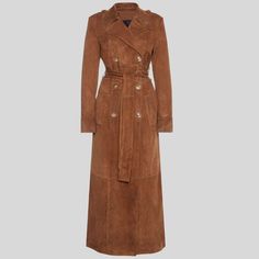 Elevate your wardrobe with this timeless women's brown suede trench coat, crafted from high-quality suede leather. The rich brown hue adds a sense of luxury, while the soft suede material ensures comfort and durability. This full-length coat is perfect for adding a touch of sophistication to any outfit, whether casual or formal. Designed with classic trench coat elements, it features a flattering double-breasted front, gold-tone buttons, and a belted waist that allows for a customizable fit. The Brown Leather Jacket With Suede Lining For Work, Luxury Brown Suede Leather Jacket, Luxury Brown Suede Outerwear, Brown Suede Leather Jacket For Work, Fall Suede Belted Outerwear, Brown Suede Long Coat Outerwear, Brown Suede Long Coat, Long Suede Coat, Suede Trench Coat