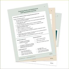 two sheets of paper with the words training needs and references on them, next to each other