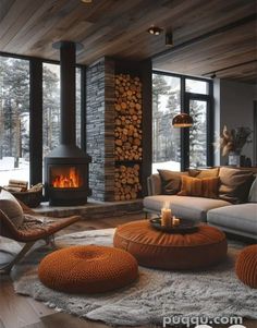 a living room filled with furniture and a fire place in the middle of it's walls