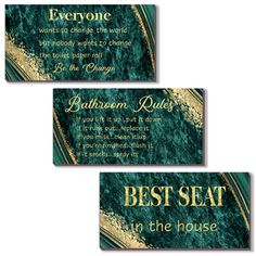 three green and gold business cards with the words best seat in the house