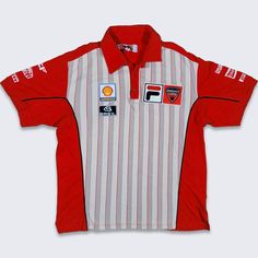 a red and white striped polo shirt with patches on the chest, two different colors