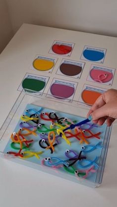 a person holding a pair of scissors in front of a tray with different colored objects