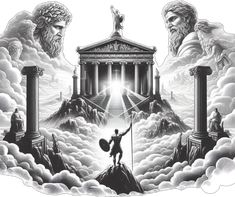 an image of the greek mythology scene with two men standing on top of a mountain