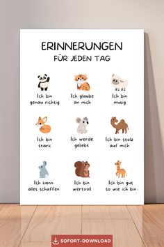 a poster with german words and pictures on it, including the names of different animals