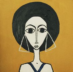 a painting of a woman with black hair wearing a blue dress and large hoop earrings