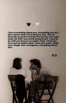 a drawing of two people sitting at a table with the words i love everything about you, everything you do