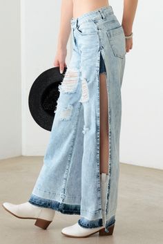 Step into these denim pants and unleash your inner daredevil. With a bold destroyed side and deep slit, these pants command attention. The raw hem adds a touch of edge, perfect for those who like to live on the wild side. Make a statement and take risks with these pants. 🖤 Complete the look: Pair with cap hat and white crop tank top for a chic summer outfit. Add a long cardigan and snickers for a stylish, layered look. Dress it up with cowboy boots and black bodysuit for a more polished ensembl Denim Skirt Fashion, White Crop Tank, White Crop Top Tank, Chic Summer Outfits, Plus Size Romper, Fall Winter Dresses, Winter Outerwear, Acid Wash Denim, Raw Hem Jeans