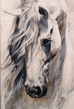 a painting of a white horse with long manes