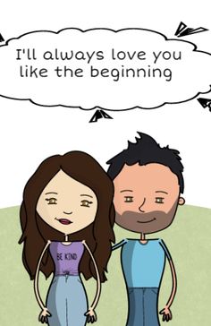 a man and woman standing next to each other with an empty thought bubble above them