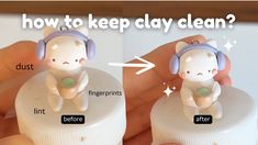 two pictures of a person holding a bottle with a cat on it and the words, how to keep clay clean?