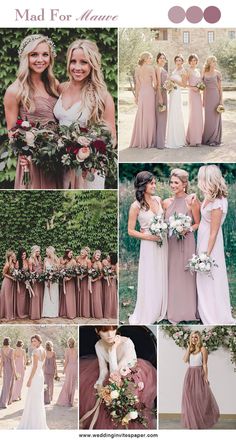 a collage of different bridesmaid dresses and bouquets