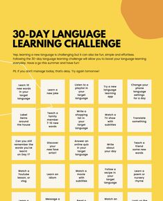 the 30 - day language learning challenge is shown in yellow and white with an orange background