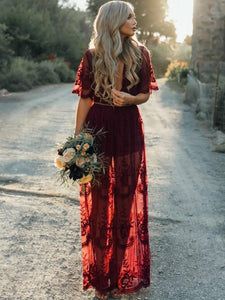 Semi Formal Mujer, Side Split Maxi Dress, Boho Mode, Long Romper, Split Maxi Dress, Floral Outfit, Boho Lace, Overlay Dress, Lace Romper