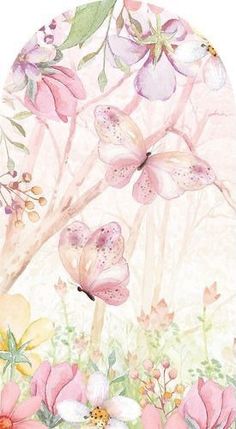 a watercolor painting of pink flowers and butterflies