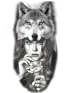 a drawing of a woman with blue eyes and a wolf's head on her face