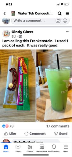 an instagram page with two pictures of candy bars and a green drink in it