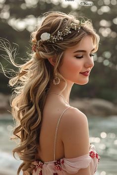 Create effortless, beachy waves with a curling iron or braid damp hair overnight. This style is perfect for a casual outdoor wedding. (DIY Tip: Use a texturizing spray to add volume and definition to the waves.) Waves With A Curling Iron, Curled Hair With Braid, Beautiful Wedding Hairstyles, Wedding Hairstyles For Women, Rapunzel Wedding, Hair Overnight, Hair Styles For Long Hair, Styles For Long Hair, Halo Braid