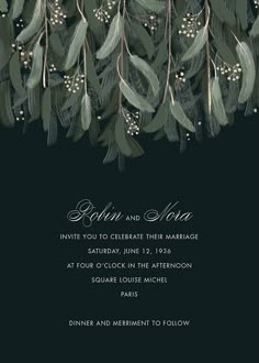 a wedding card with green leaves and berries on the front, in dark blue background