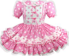 Shirley Made to Fit You  Dress Details: *Made from pink and white poly/cotton polka dots *Trimmed with white lace and pink ribbon with bows *Elasticized sleeve ends for best fit *Full gathered skirt with two ruffles *22" back zipper closure *Displayed over a mini hoop skirt which is not included *Please allow between 4-8 weeks for delivery *Note: Actual fabric shade, lace pattern style and size, and other trims may vary slightly from the pictures Your measurements are needed for this item CLICK Negligee Dress, Top Cosplay, Girly Party, Hoop Skirt, Maid Dress, Dresses Dresses, Fantasy Dress, Gathered Skirt, Kawaii Clothes