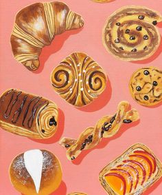 a painting of pastries on a pink background