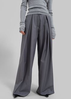 Noor Wide Pants - Grey – The Frankie Shop Pleated Long Pants For Workwear, Pleated Bottoms For Workwear, Fall High Waist Pleated Bottoms, Elegant Pleated Cotton Bottoms, Fall Workwear Bottoms With Pleated Waist, Tailored Pleated Bottoms For Spring, Elegant Cotton Bottoms With Pleated Waist, Elegant Bottoms With Side Pockets For Fall, Tailored Pleated Waist Bottoms For Spring