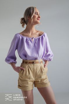 Discover the essence of effortless chic with our exquisite linen blouses—perfect additions to your linen capsule wardrobe. Step into style with our comfortable, high-quality women’s clothing. Explore our online store for the must-have staples of the season. Scoop Neck Blouses, Linen Color, High Waist Fashion, Small Studio, Linen Blouse, Blouse Length, Linen Shorts, Linen Top, Linen Clothes