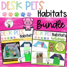 the desk pets habitat bundle includes two books, one with an image of a pig