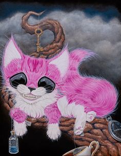 a painting of a pink and white cat on a tree branch with a clock in the background