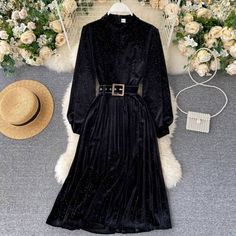 Elegant Patchwork Long Sleeve Vintage Velvet With Belt Pleated DressM length 105 Sleeve length 54 Bust 86-96 Waist 56-86

L length 106 Sleeve length 55 Bust 90-100 Waist 60-90 Chic Pleated Long Sleeve Dress For Winter, Winter Black Long Sleeve Dress, Winter Party Pleated Long Sleeve Dress, Formal Pleated Long Sleeve Dress For Fall, Black Long Sleeve Midi Dress For Fall, Fitted Midi Dress With Stand Collar For Work, Pleated Long Sleeve Midi Dress For Winter, Winter Pleated Long Sleeve Midi Dress, Long Sleeve Pleated Midi Dress For Winter