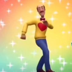 an animated man with a heart on his chest is standing in front of a colorful background