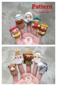 crocheted finger puppets are arranged in the shape of jesus's family, including three