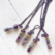 bewitch ii // tall spell jar glass bottle pendant necklaces by Peacock & Lime Mini Bottle Jewelry, Spell Jar Earrings, Spell Jar Jewelry, Mini Glass Bottles Ideas, Trinket Ideas, Spell Jar Necklace, Bottle Necklace Diy, Salt Lavender, Glass Bottle Necklace