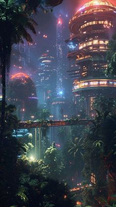 a futuristic city at night with trees and lights