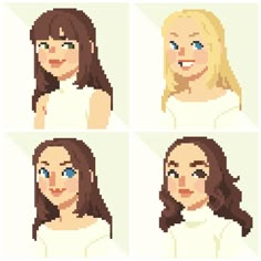 four pixellated images of women with blue eyes and long hair, one in white shirt