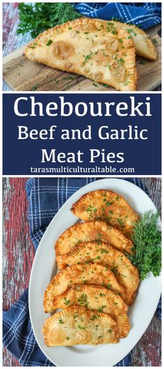 cheesy beef and garlic meat pies on a white plate with parsley