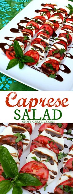 caprese salad with tomatoes and mozzarella sauce on a white platter